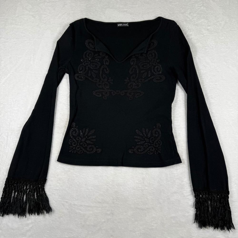 Wet Seal Womens Black Beaded Fringe Flare Sleeve Top Y2K Whimsygoth Size M
